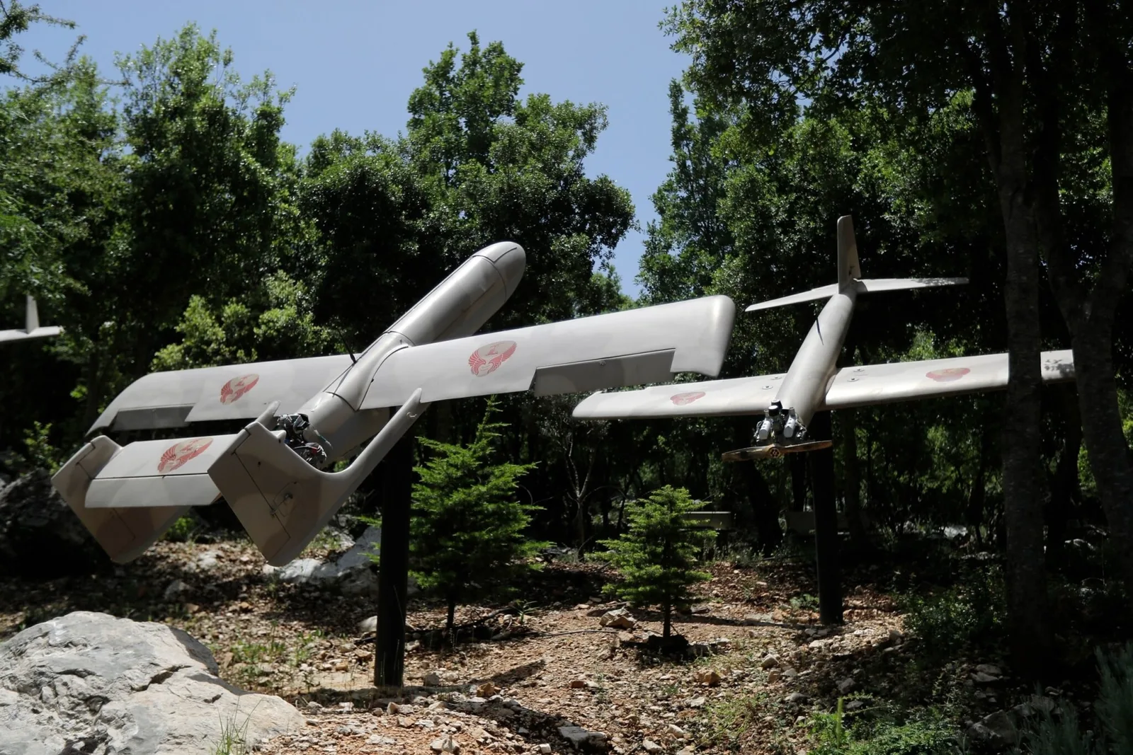 Dronele Hezbollah sunt expuse într-un peisaj natural, evidențiind tehnologia avansată.
