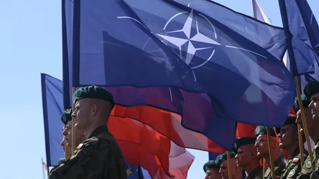 Soldați și steaguri NATO la o ceremonie militară în România.