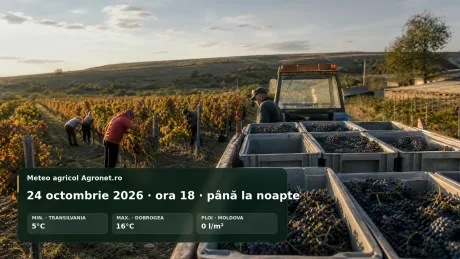 Fermieri recoltează struguri într-o podgorie, vreme favorabilă pentru lucrări agricole.