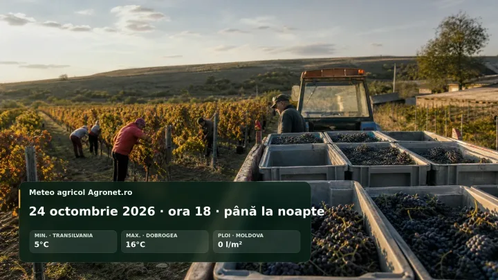 Fermieri recoltează struguri într-o podgorie, vreme favorabilă pentru lucrări agricole.