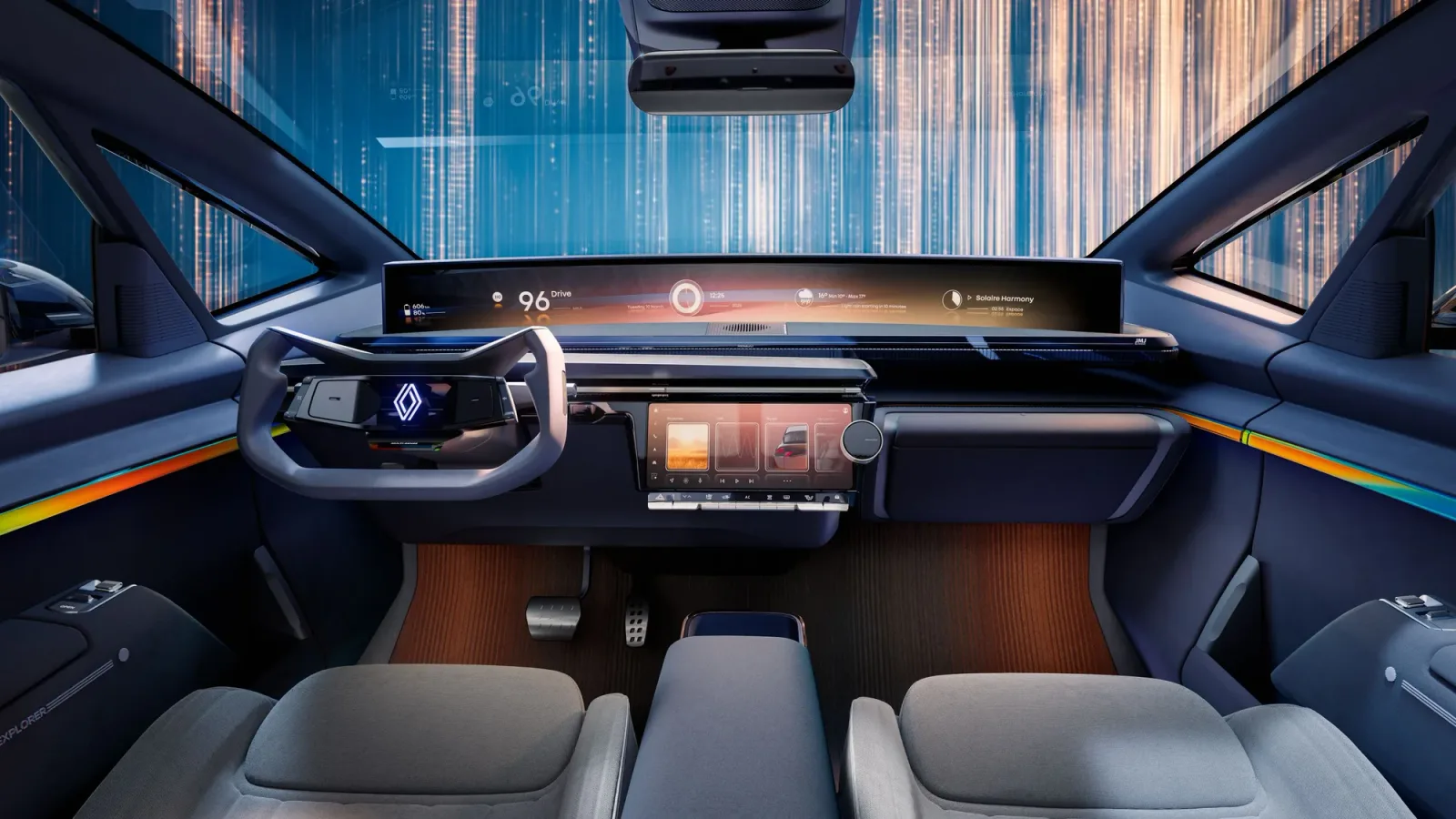 Interior modern al unui vehicul electric Renault, cu tehnologie avansată.