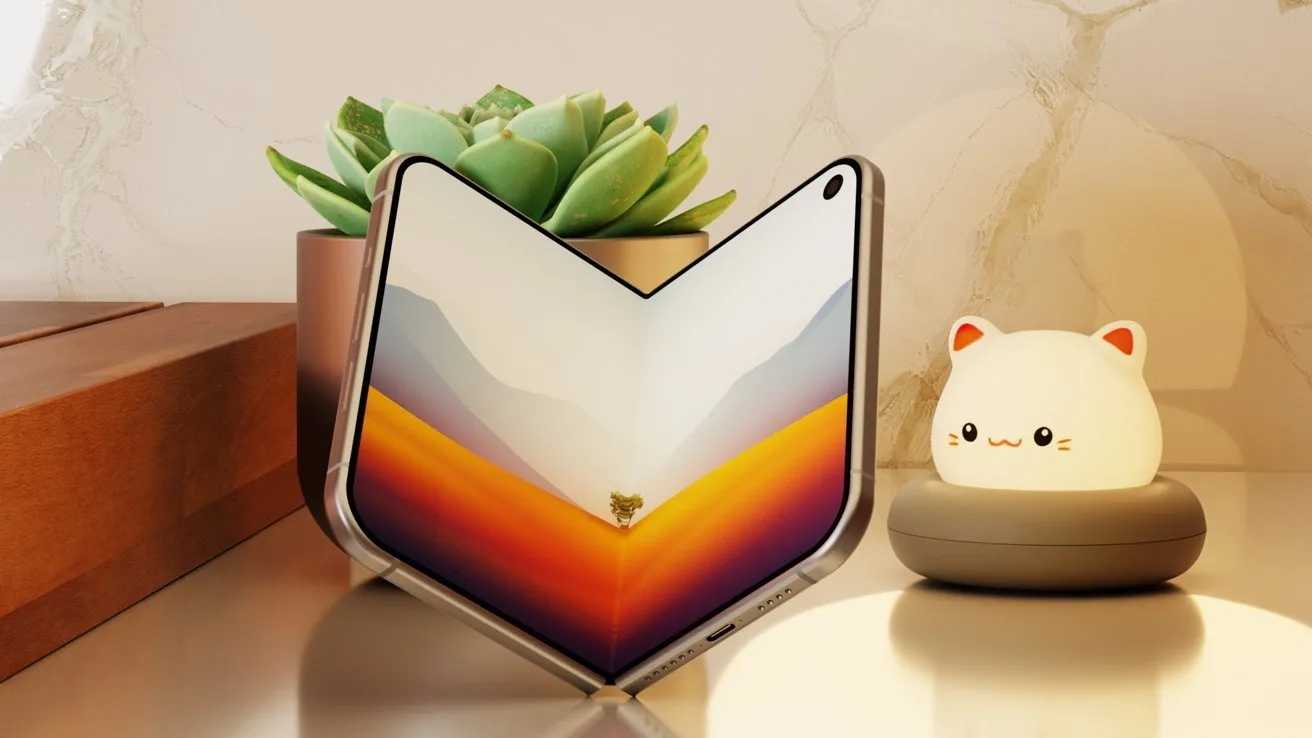 Un smartphone pliabil pe un birou, cu plante și o lampă decorativă.