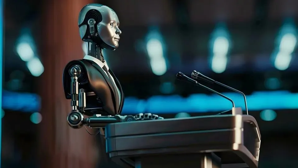 Un robot îmbrăcat la costum, pregătit să vorbească la un microfon.