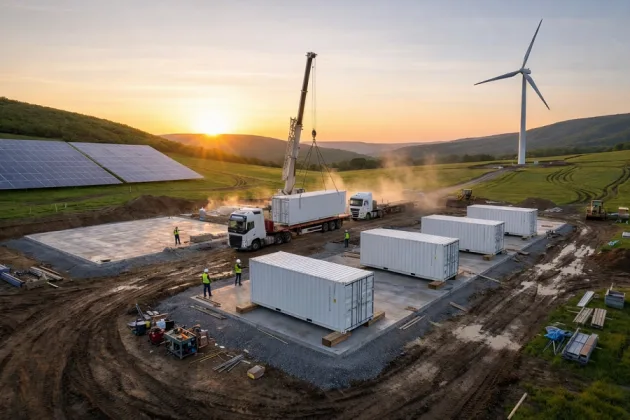 Construcție de sisteme de stocare a energiei în peisajul rural, cu turbine eoliene și panouri solare.