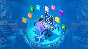 Un specialist lucrează la un computer, înconjurat de aplicații software diverse.