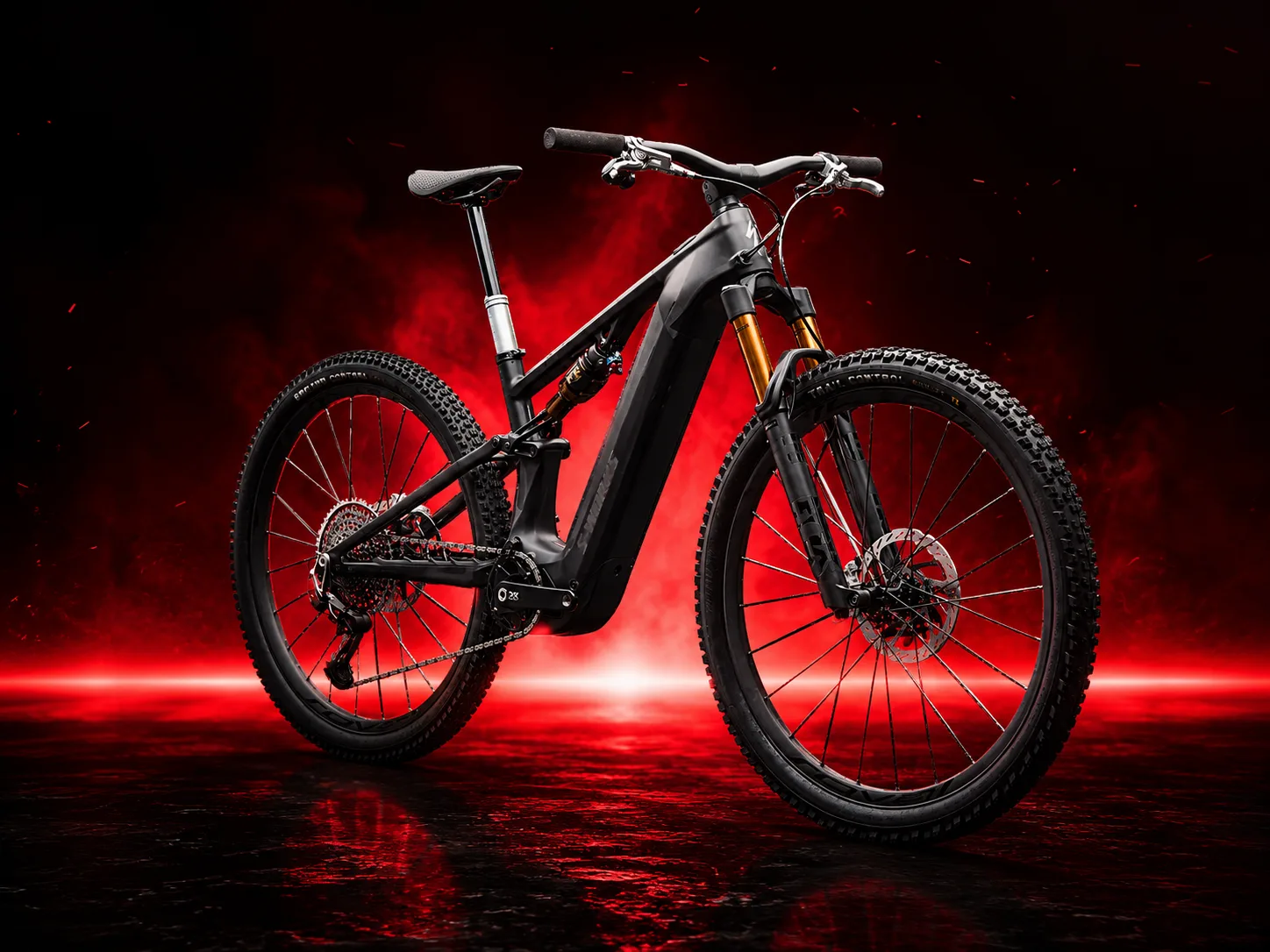 Bicicletă electrică de munte cu suspensie integrală și design modern.