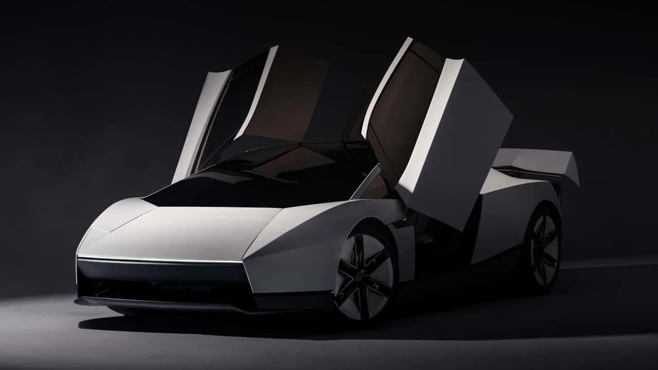 Design futurist al unui automobil electric cu uși ridicate.