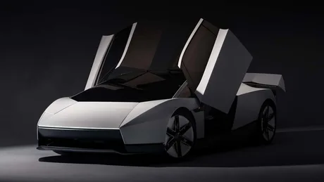Design futurist al unui automobil electric cu uși ridicate.