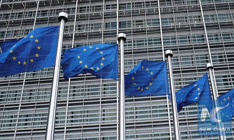 Steaguri ale Uniunii Europene fluturând în fața unei clădiri oficiale.
