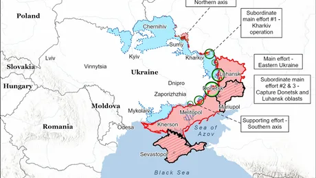Harta care ilustrează avansurile și pozițiile militare din Ucraina.