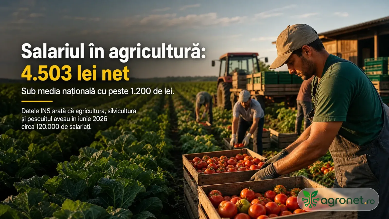 Salariul mediu net în agricultură a crescut, dar rămâne sub media națională.