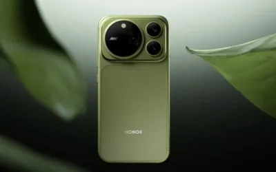 Un smartphone Honor Magic9 pe fundal verde, evidențiind designul său elegant.