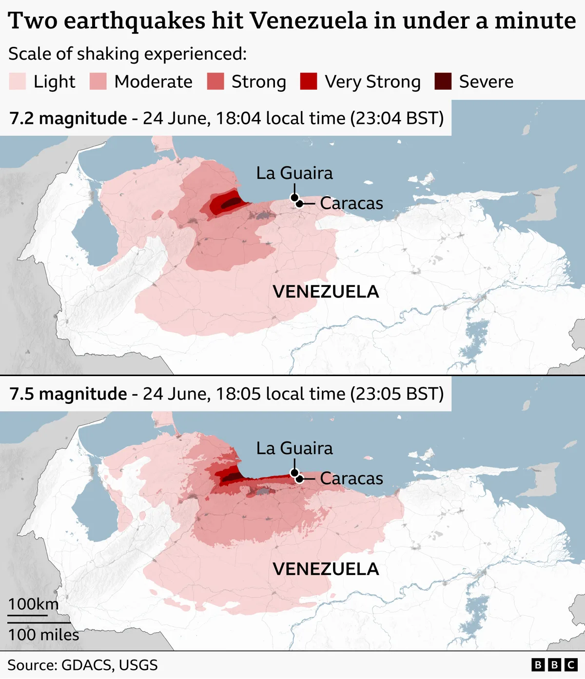 Harta cutremurelor care au afectat Venezuela în 24 iunie.