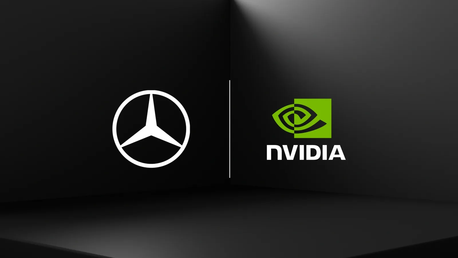 Logo-urile Mercedes-Benz și NVIDIA pe un fundal minimalist.