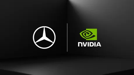 Logo-urile Mercedes-Benz și NVIDIA pe un fundal minimalist.