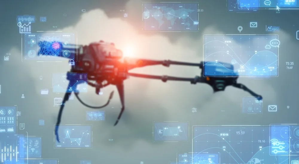 Drone autonome în acțiune, simbolizând avansul tehnologic militar.