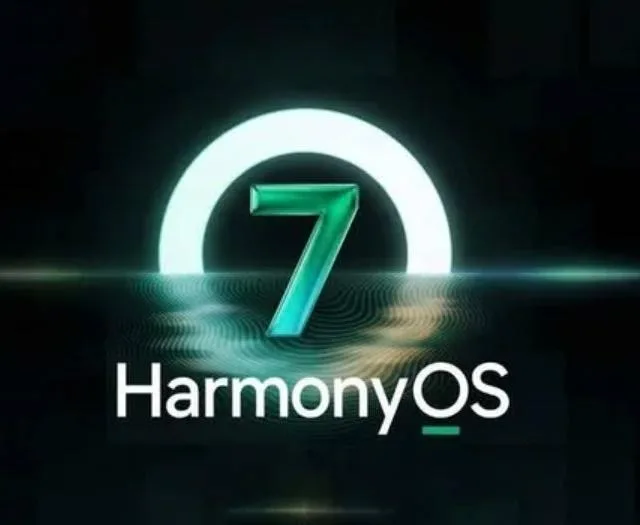 Logo-ul HarmonyOS 7.0 cu numărul 7 evidențiat pe fundal întunecat.