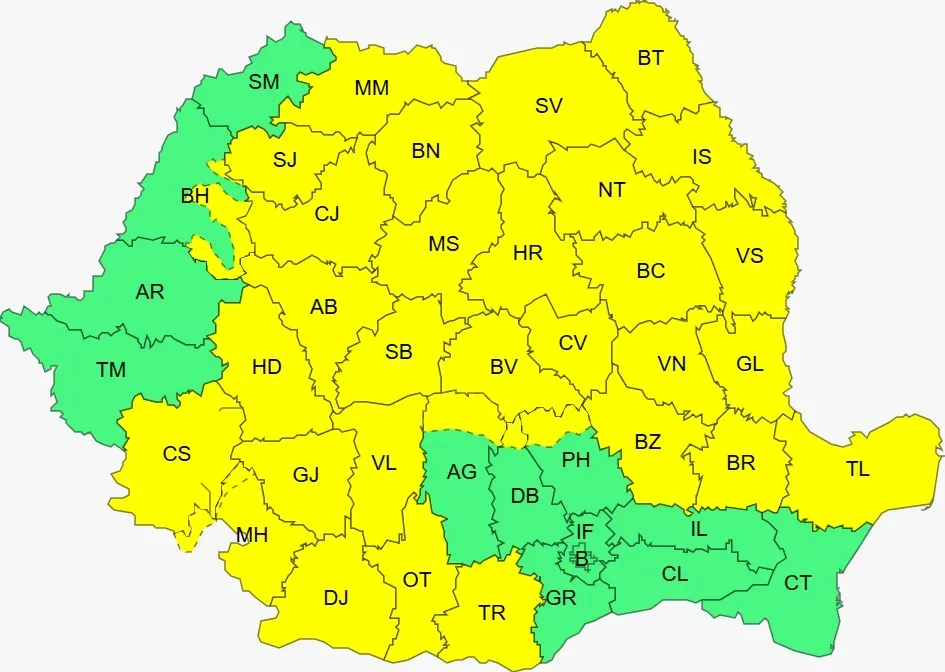 Harta României cu coduri galben și portocaliu de vânt.