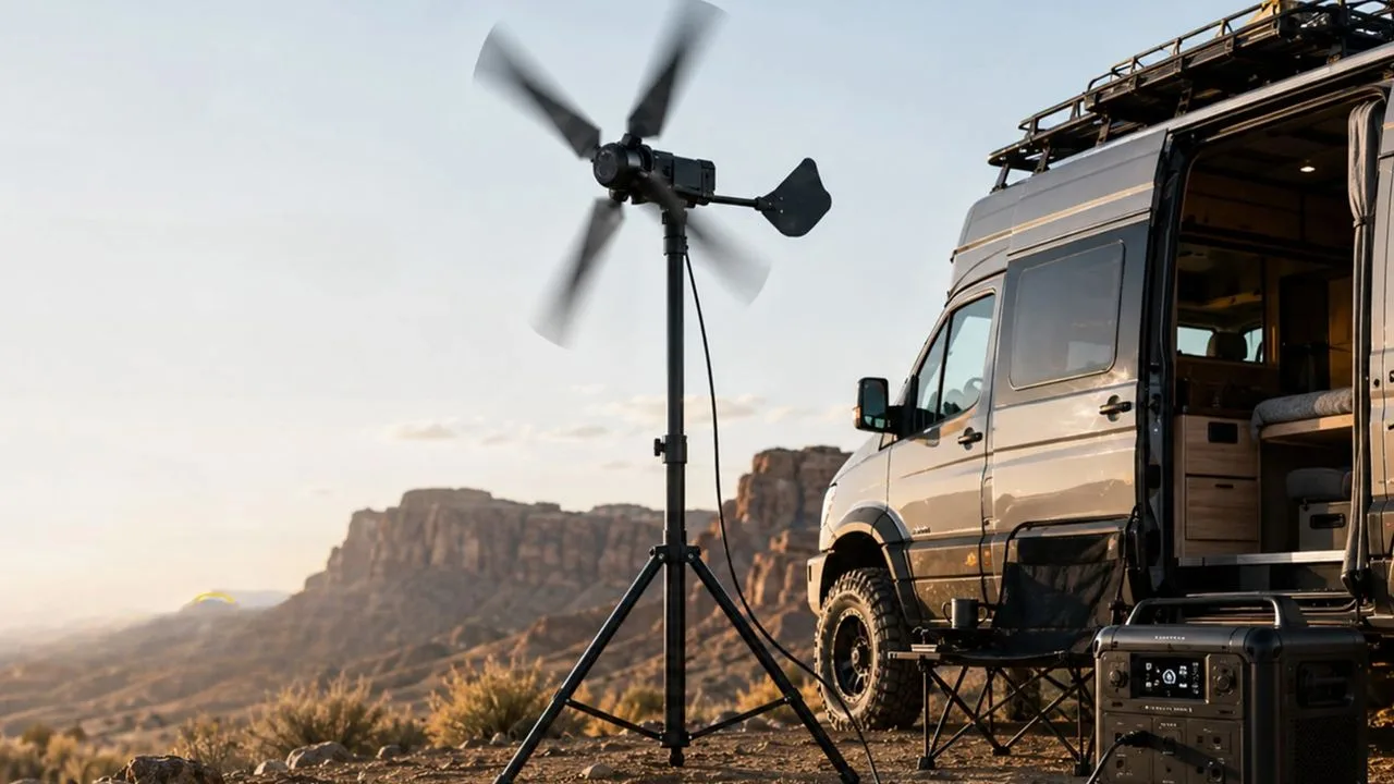 Turbina eoliană portabilă Ventyra R1 în natură, lângă un vehicul de camping.
