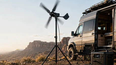Turbina eoliană portabilă Ventyra R1 în natură, lângă un vehicul de camping.