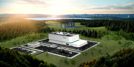 Proiect de reactor modular mic în peisaj natural, simbolizând investițiile în energie.