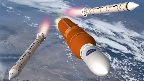 Rachete lansate în spațiu, simbolizând explorarea lunarã a NASA.