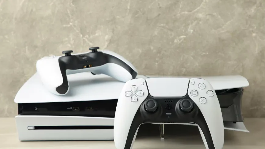 Consola PlayStation 5 alături de un controler alb pe un fundal neutru.
