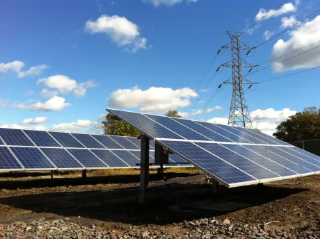 Panouri fotovoltaice instalate pe un teren, sub un cer senin.