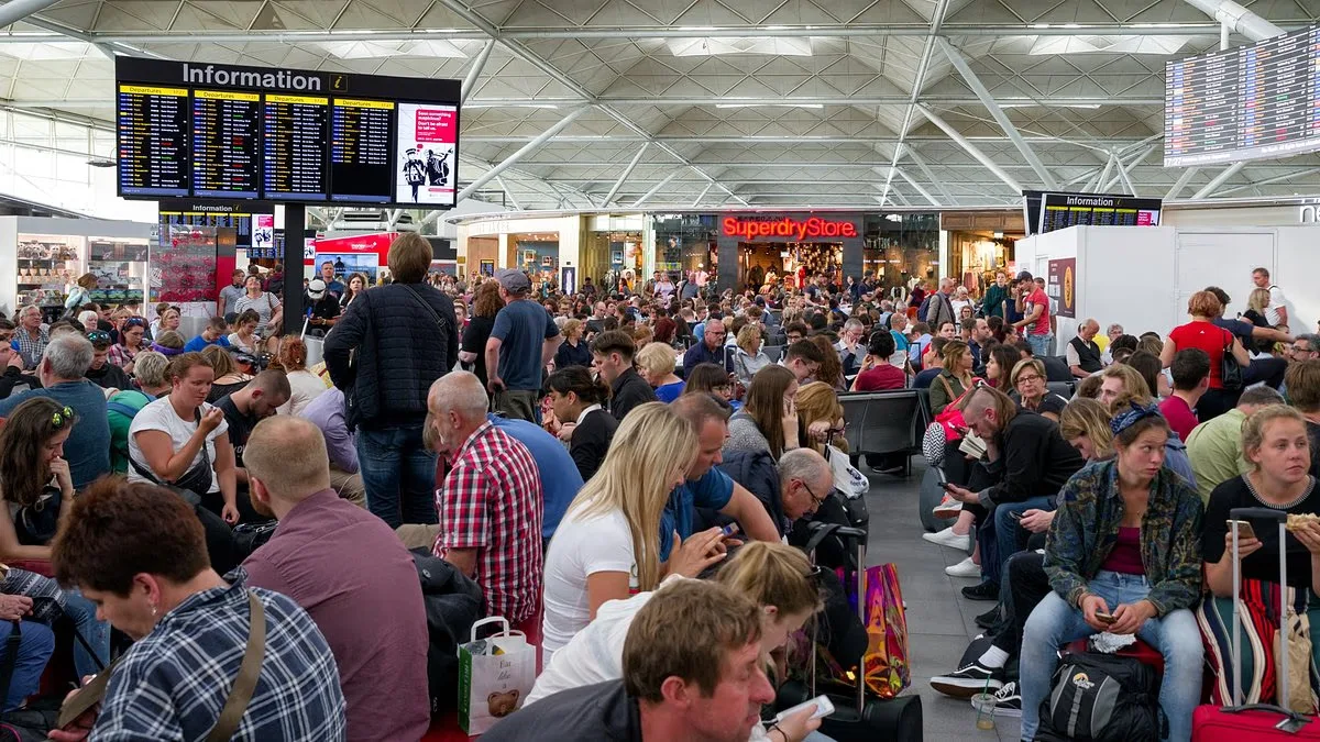 Pasageri așteptând în aeroport, îngrijorați de anulările zborurilor.