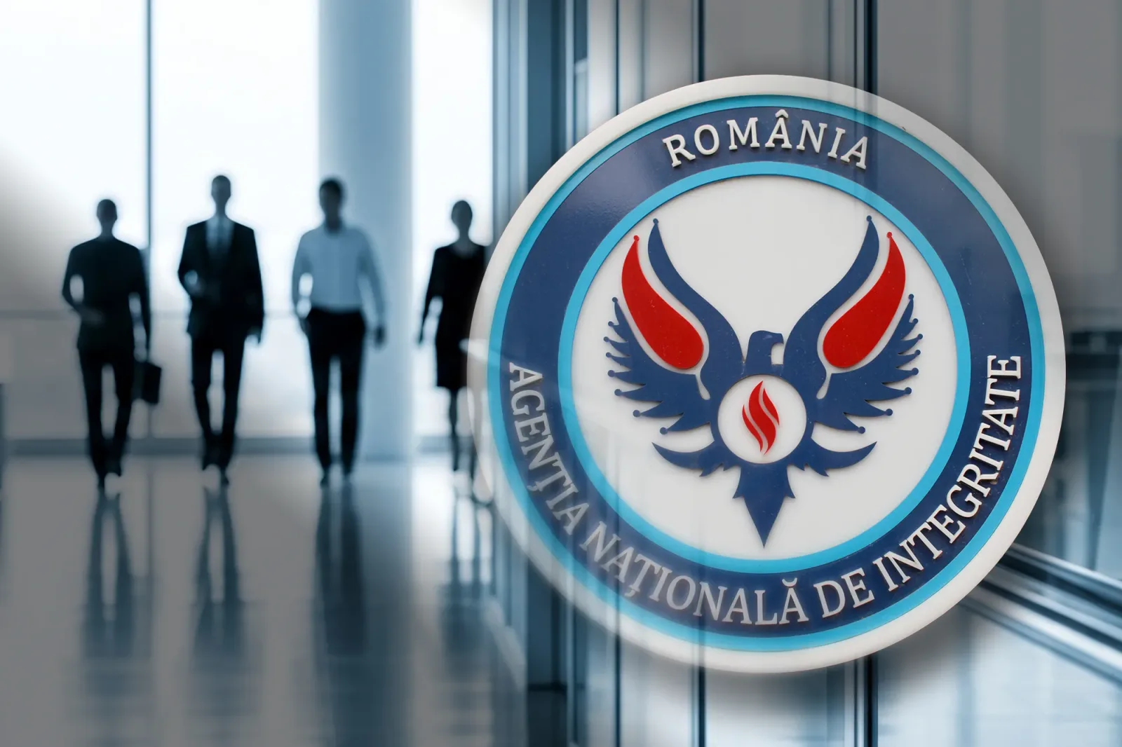 Logo-ul Agenției Naționale de Integritate pe fundal urban.