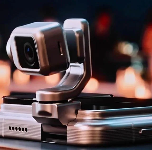 Camera gimbal de 200 MP a telefonului HONOR Robot Phone, montată pe un braț mobil.