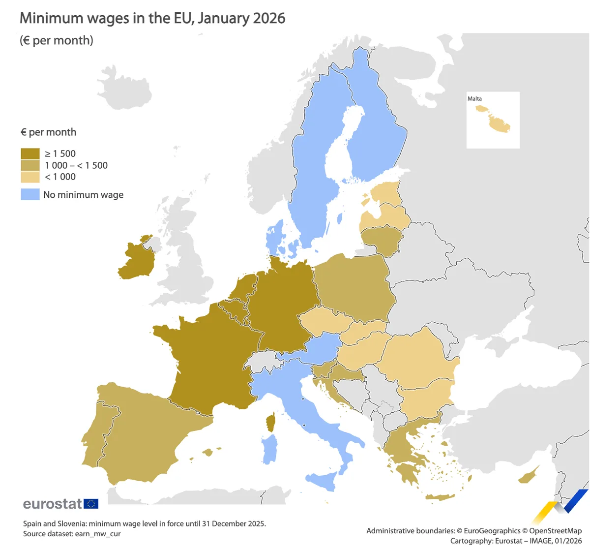 Harta Europei cu salariile minime pe țări în 2026