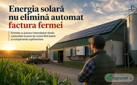 Ferma cu panouri solare expusă la o pană de curent, evidențiind necesitatea bateriilor.