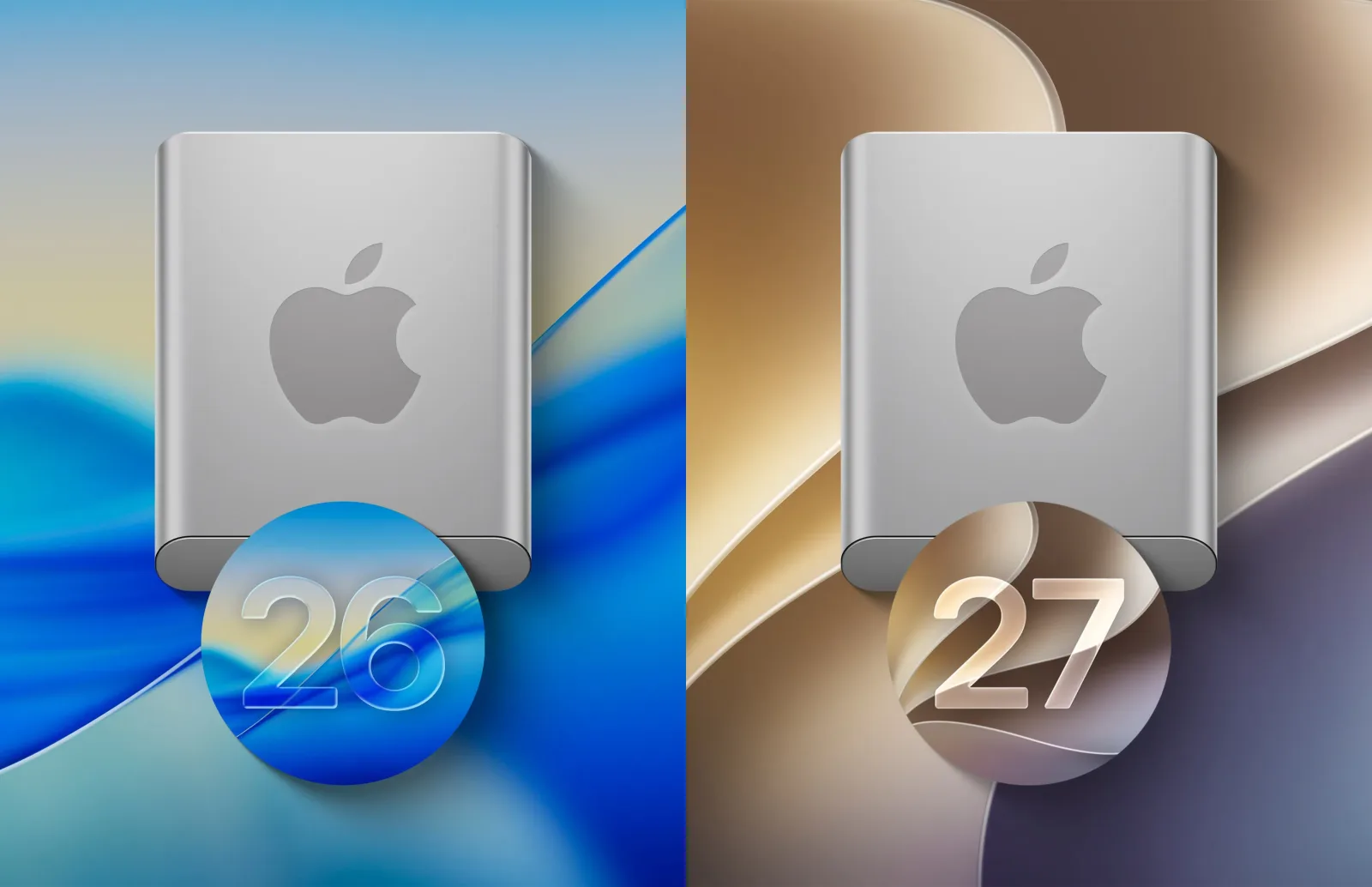 Compararea versiunilor macOS 26 și 27 pe fundaluri diferite.