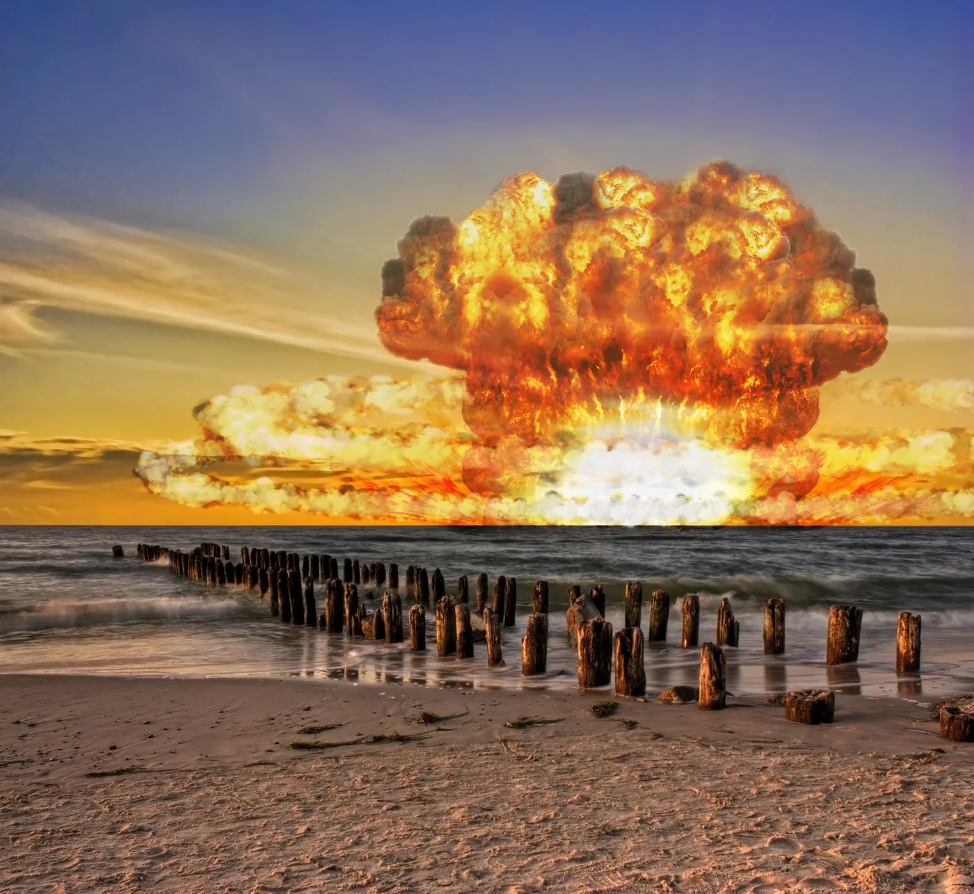 Explozie nucleară pe fundalul unei plaje, simbolizând temerile globale.