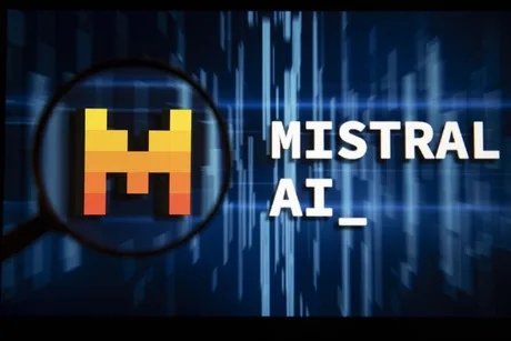 Logo Mistral AI pe un fundal digital, simbolizând inovația în inteligența artificială.