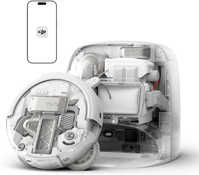 Aspiratorul robot DJI Romo, evidențiind componentele interne și aplicația mobilă.