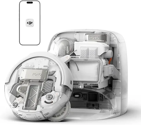 Aspiratorul robot DJI Romo, evidențiind componentele interne și aplicația mobilă.