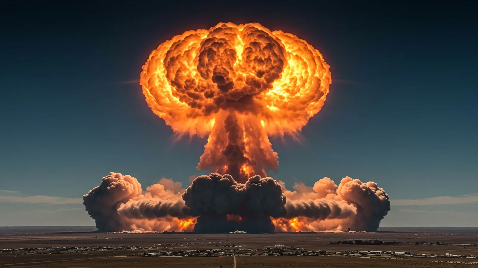 Explozie masivă de tip nuclear într-un peisaj dramatic.