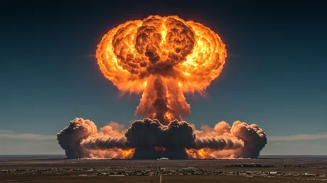 Explozie masivă de tip nuclear într-un peisaj dramatic.