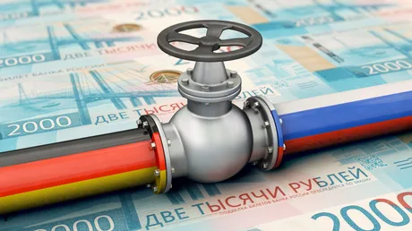 Conductă de gaz cu simboluri rusești și germane pe fundal monetar.