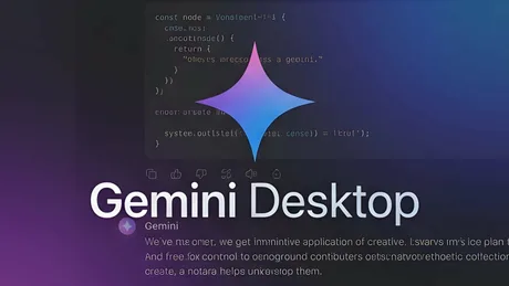 Interfața aplicației Gemini Desktop pe un fundal colorat, cu elemente de cod.
