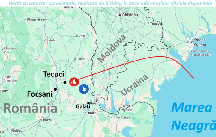 Hartă a zonei în care a fost doborâtă drona rusească în România.