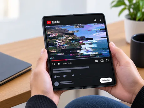 Utilizator cu telefon pliabil vizionând YouTube, întâmpinând probleme de redare.