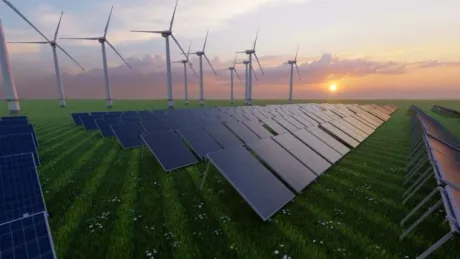Parc hibrid eolian-baterii în Băleni, Galați, cu panouri solare și turbine eoliene.