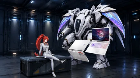 Laptop de gaming Crosshair A16 HX MLG Edition alături de un robot și o tânără în costum futurist.