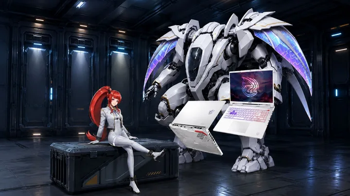 Laptop de gaming Crosshair A16 HX MLG Edition alături de un robot și o tânără în costum futurist.