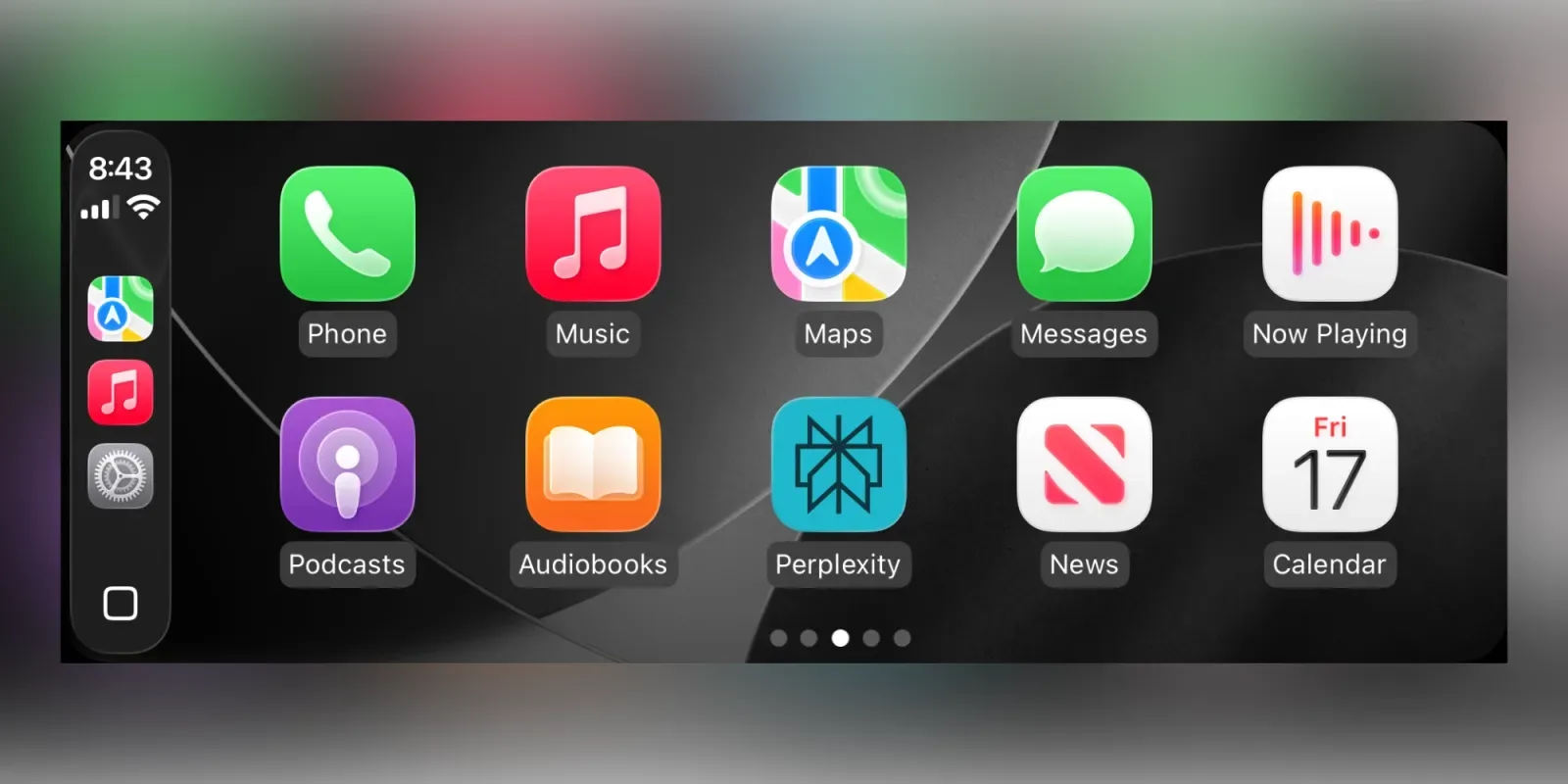 Interfața CarPlay cu aplicațiile disponibile, inclusiv Perplexity.