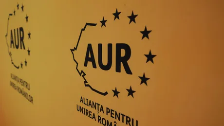 Logo-ul AUR pe un fundal galben, simbolizând alianța politică românească.