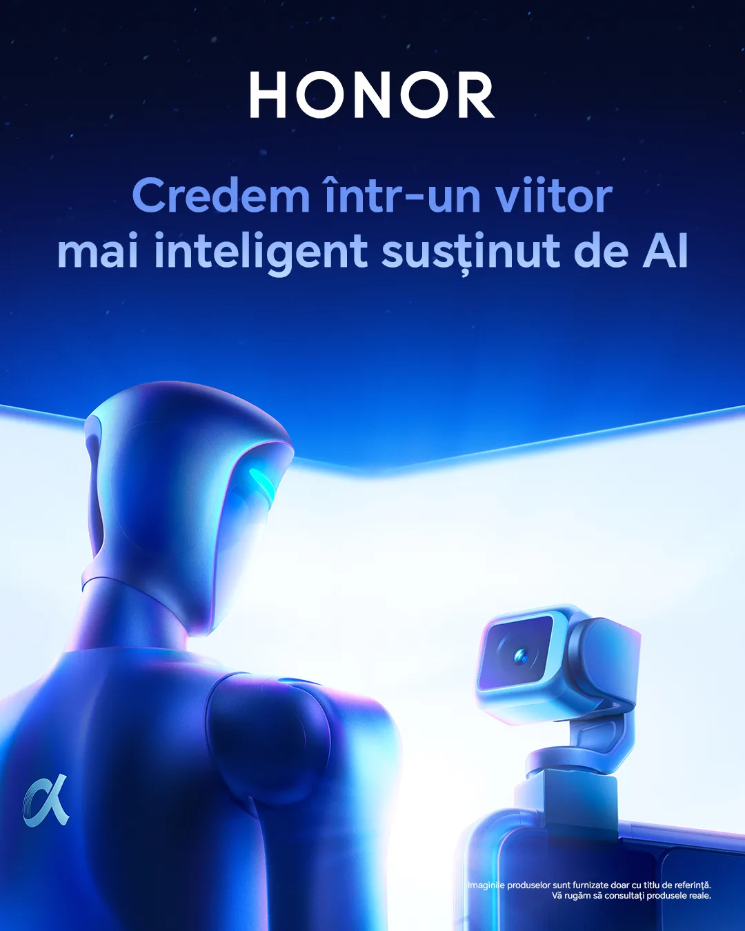 Robotul HONOR simbolizând viitorul tehnologiei inteligente.